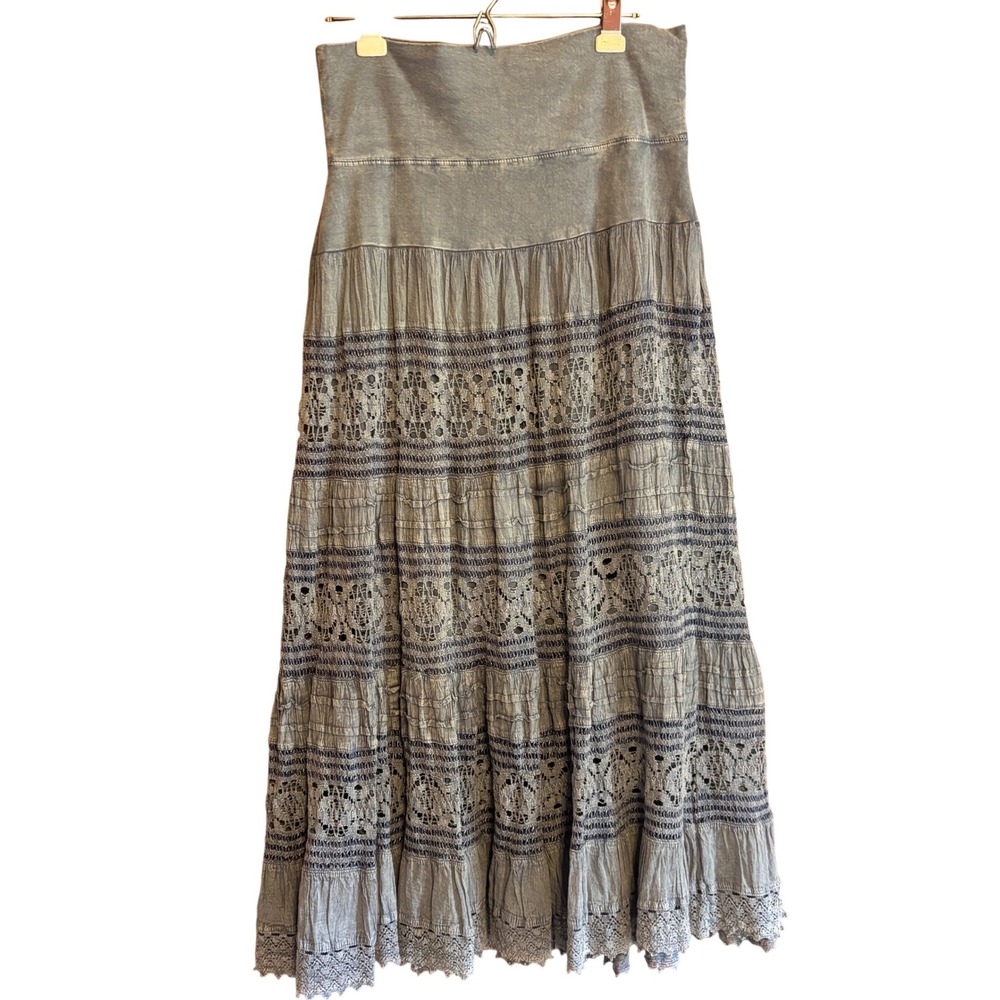 Noelle Blue Cotton Lace Tiered Maxi Skirt Boho Festival S/M Prairie Peasant